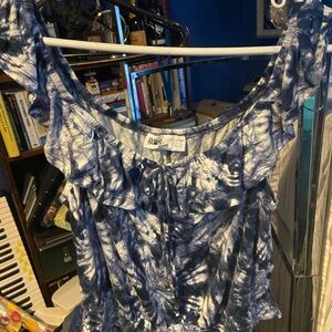 White and Blue Ruffled Sleeveless Blouse